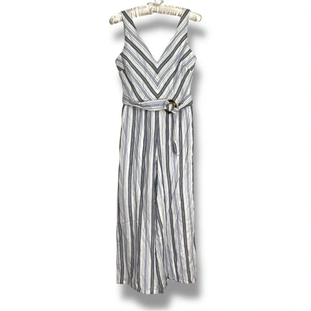 NEW Crystal Sky Blue White Jumpsuit Striped Wide Leg Flowy Cropped Romper Sz S - Picture 1 of 12
